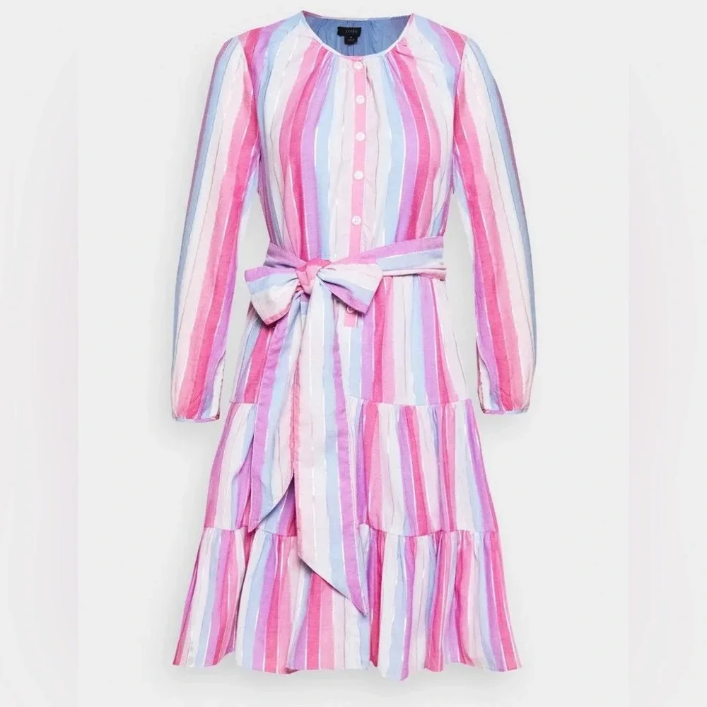 J. Crew Pastel Striped Veda Belted Long Sleeve Dress - Size Medium Petite